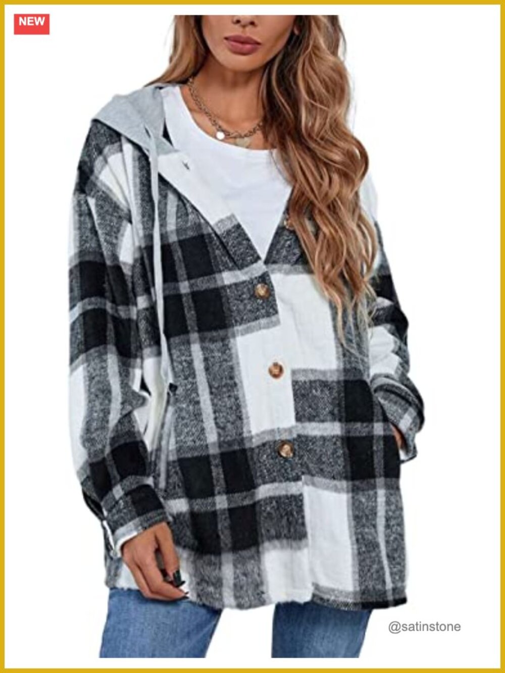 Oversized Plaid Flannel Shacket Jacket with Hood Button Down Long Sleeve